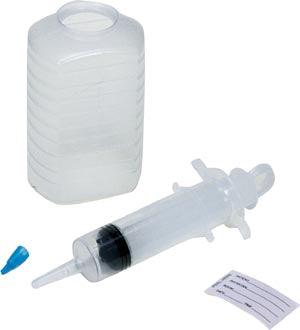 Piston Irrigation Kit Includes: 500cc Graduated Container, 60cc Thumb Control Ring Syringe, Patient ID Label, Small Tube Adapter, Packaged in a Resealable IV Pole Bag, 30/cs