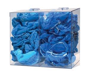 Bulk Dispenser, Double Bin, Holds a Variety of Protective Apparel in Bulk, Dual Compartments with Hinged Lid, Openings at Front Bottom, Keyholes For Wall Mounting, Clear PETG Plastic, 12¼
