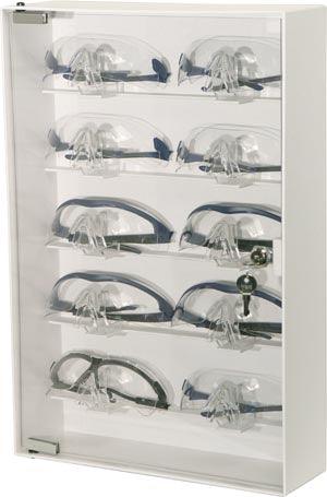 Eyewear Cabinet, Locking, Holds up to 10 pr of Safety Glasses on Nose Holders, Keyholes For Wall Mounting, White ABS Plastic & Clear PETG Plastic, 13½