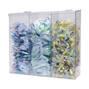 Bulk Dispenser, Tall Triple Bin, Holds a Variety of Protective Apparel in Bulk, Triple Compartments with Hinged Lid, Openings at Front Bottom, Keyholes For Wall Mounting, Clear PETG Plastic, 18 3/8