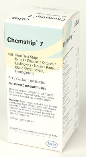 Chemstrip 7 (Leukocytes, pH, Protein, Glucose, Nitrite, Ketone, Blood), CLIA Waived, 100/vial  (Item is Non-Returnable)