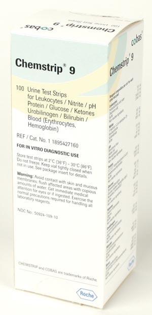 Chemstrip 9 (Leukoctytes, Nitrite, pH, Protein, Glucose, Ketone, Urobilinogen, Bilirubin, Blood), CLIA Waived, 100/vial