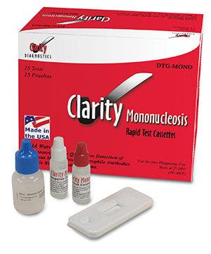 Clarity Mononucleosis Cassettes, CLIA Waived, Whole Blood Only, Includes: Mono Test Cassettes, Developer Solution, Sample Transfer Tubes, Positive Control, Negative Control, Package insert, 15/bx
