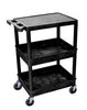 Utility Cart, Flat Top, Middle/Bottom Tub Shelves (2.75" Deep each), Black, 24"W x 18"D x 36.5"H, with (4) 4" Heavy Duty Casters (2 with Locking Brakes), Maximum Weight Capacity 300lbs, Assembly Required (DROP SHIP ONLY)