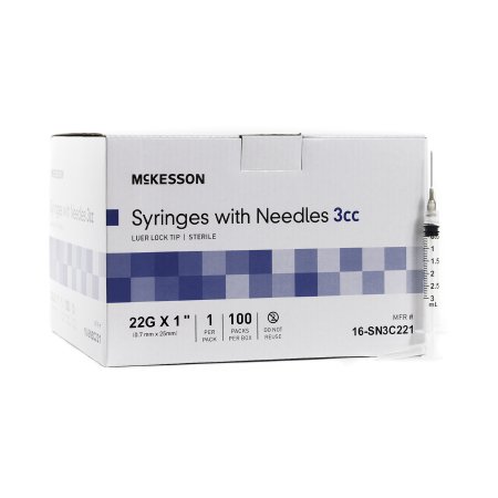 McKesson Syringe with Hypodermic Needle, 3 mL 22 Gauge 1 Inch Detachable Needle Without Safety, 100/bx, 10 bx/cs