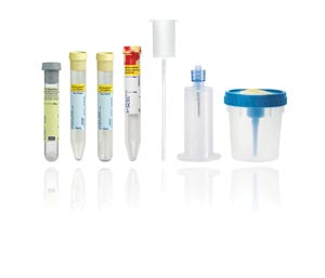 Urinalysis Cup Kit: Sterile Screw-Cap Collection Cup, Integrated Transfer Device, 10mL Draw 16 x 100mm UA Plus Plastic Round Bottom Tube, 50/cs