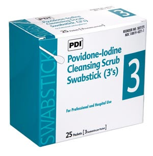 PVP Iodine Scrub Swabstick 3s, 3/pk, 25 pk/bx, 10 bx/cs