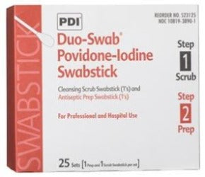 Duo-Swabs®, 1 PVP Iodine Scrub & 1 PVP Iodine Prep Swab in a Connected Packet, 2/pk, 25 pk/bx, 10 bx/cs