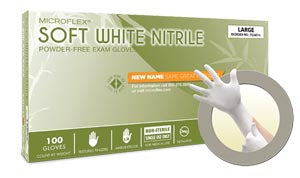 Exam Gloves, Soft, PF Nitrile with Hydrasoft, Textured fingertips, White, Small, 100/bx, 10 bx/cs